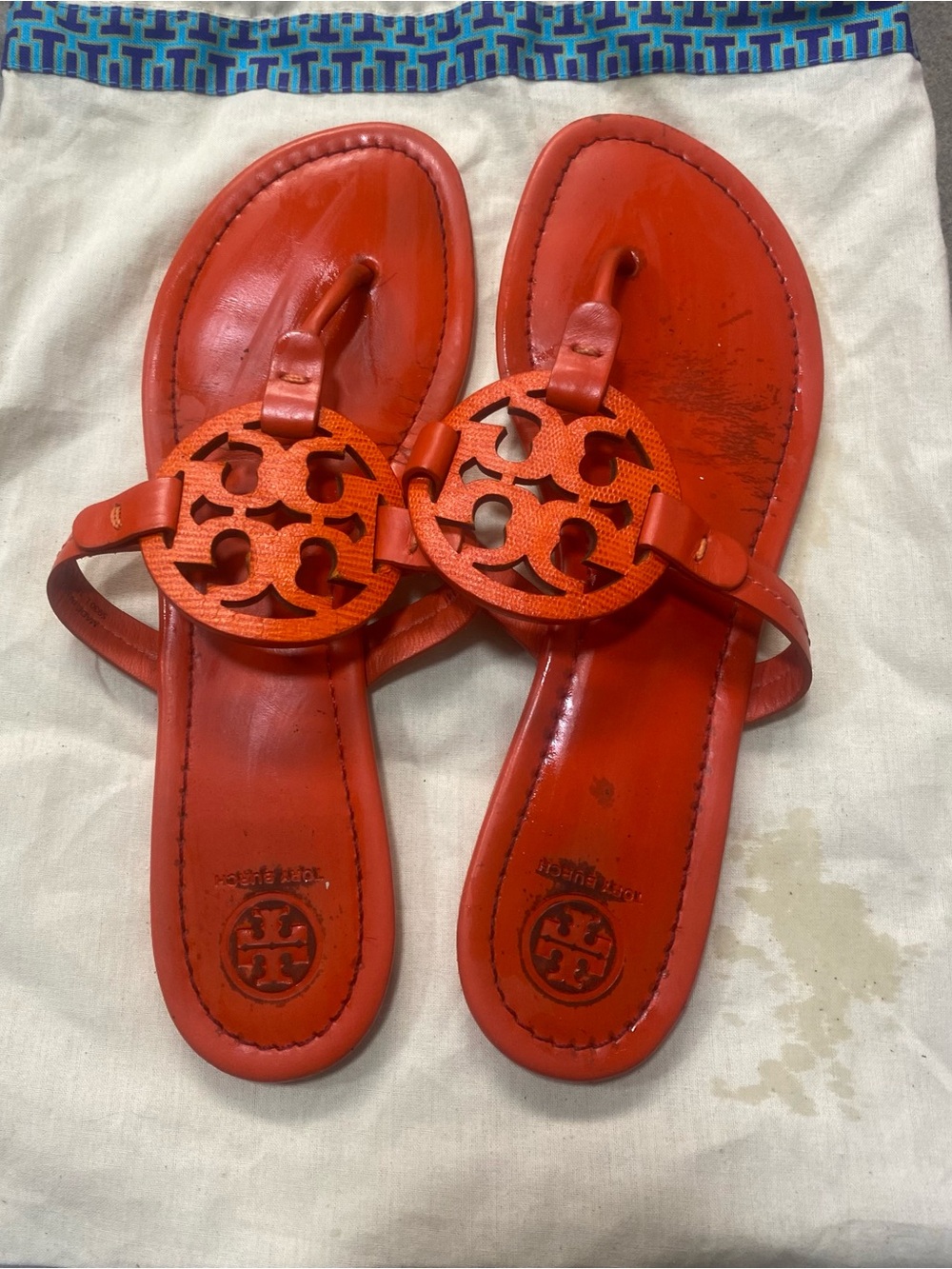 Tory Burch Orange Leather Logo Thong Sandals